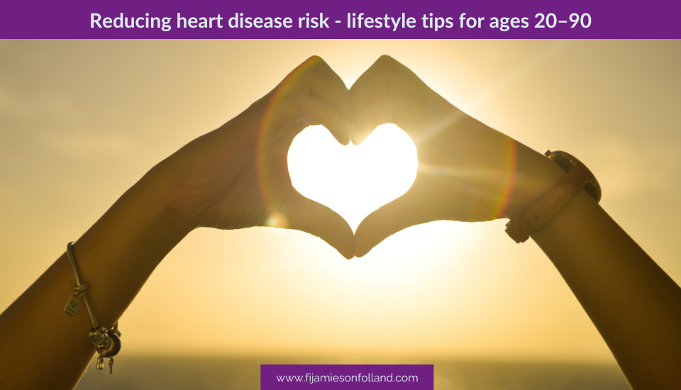 Two hands forming a heart shape around the setting sun. A purple banner at the top reads, "Reducing heart disease risk - lifestyle tips for ages 20–90."