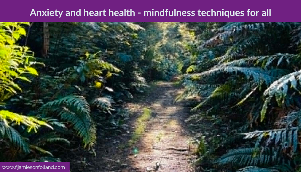 Sunlit dirt path winding through a lush green forest surrounded by dense ferns, with a purple banner at the top reading "Anxiety and heart health - mindfulness techniques for all