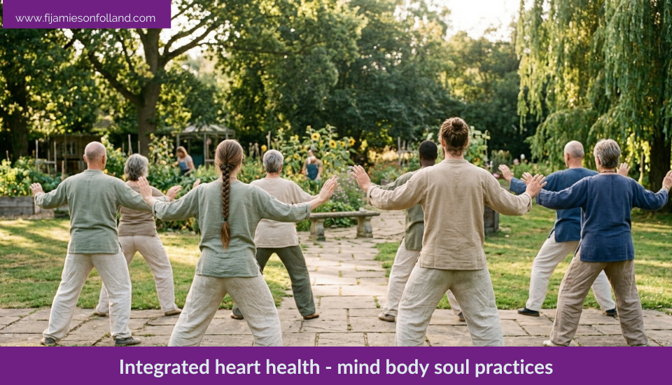 A diverse group of people practicing Tai Chi in a serene garden park, seen from behind as they stand in grounded, mindful postures with outstretched arms.